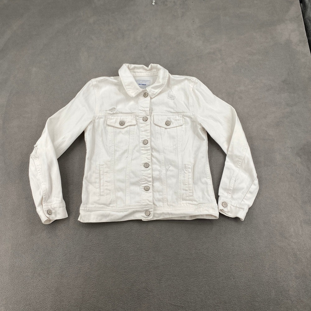 Old Navy Womens White Distressed Denim Jacket Size S Cotton Button Up 8985